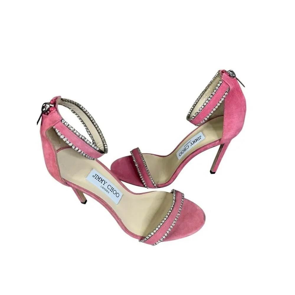 Jimmy Choo Dochas 100 Pink Suede Crystal Ankle Strap Sandals – Size 7 US ✨💖 - Picture 8 of 13
